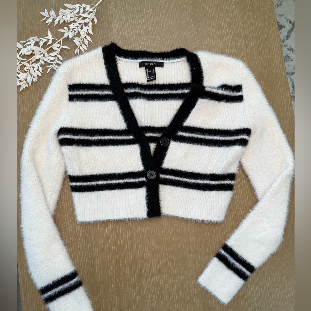 Forever 21 Black and White Fuzzy Cardigan